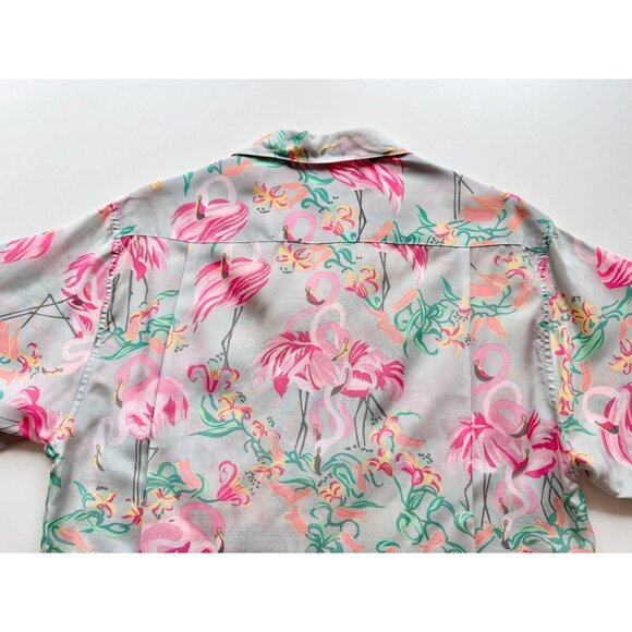 Vintage PATALOHA PATAGONIA Grey Pink Floral Flamingo Hawaiian Shirt, Size S - Picture 10 of 16
